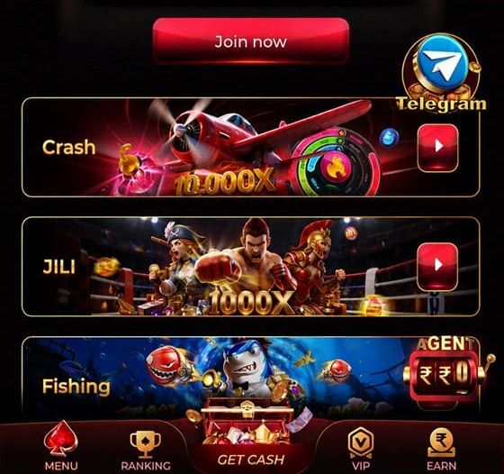 TopOne Game app lobby with the Join now button, Crash, JILI and Fishing sections and the bottom menu