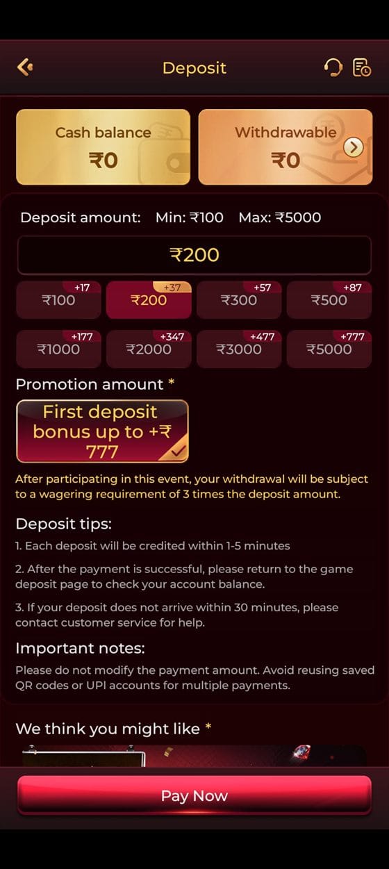 TopOne app deposit page with preset amounts and the first-deposit bonus