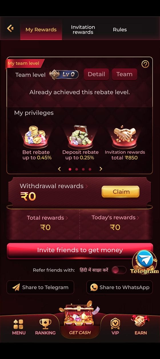 TopOne app My Rewards screen with rebates and Telegram and WhatsApp sharing
