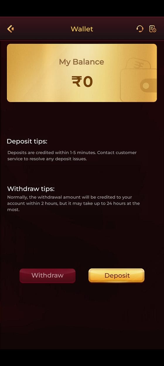 TopOne app wallet page showing deposit and withdrawal tips