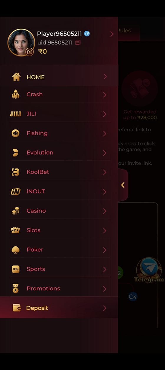 TopOne app side menu listing Crash, JILI, Fishing, Evolution and other categories