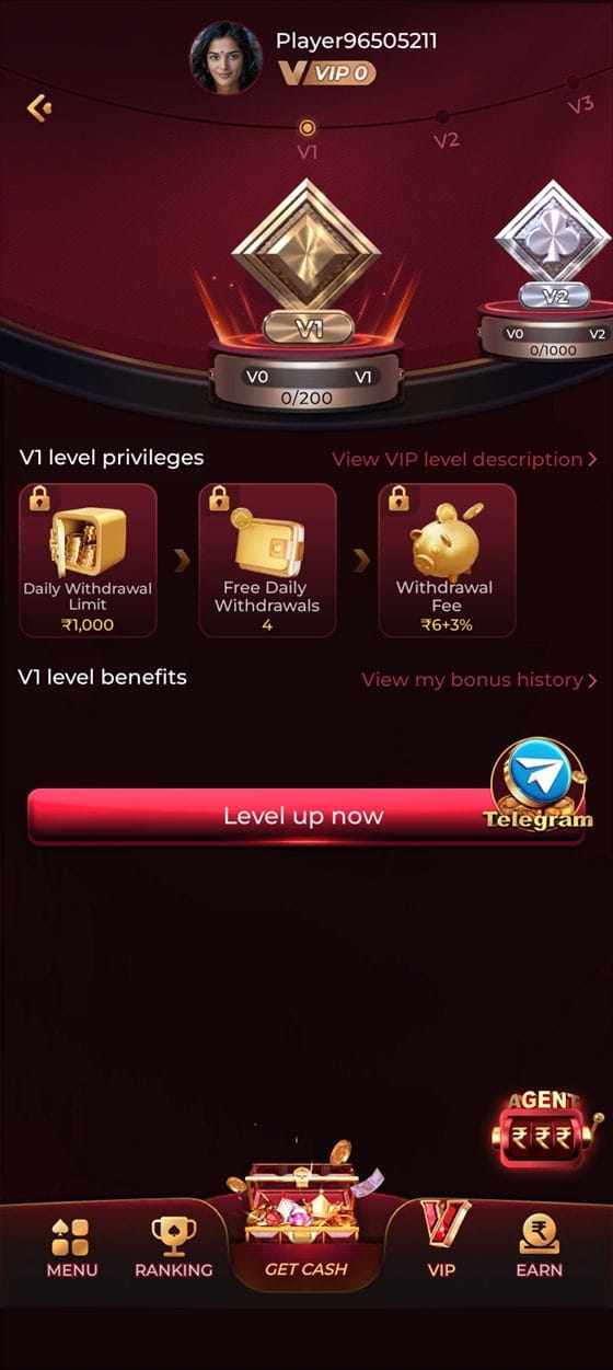 TopOne app VIP page with V1 daily limit, free withdrawals and fee