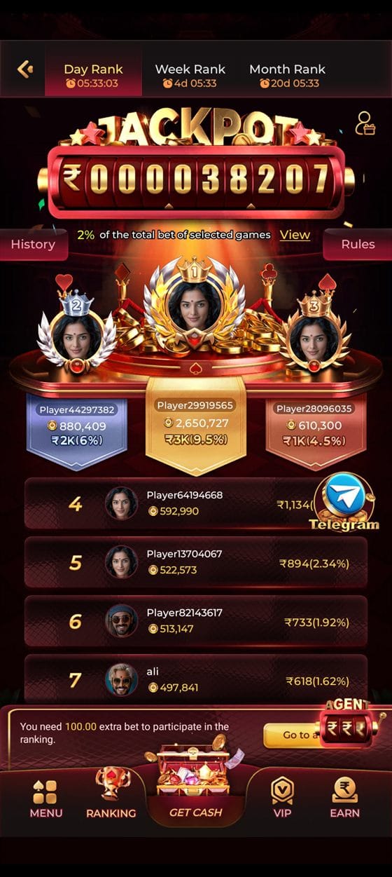 TopOne app jackpot ranking screen with day, week and month tabs