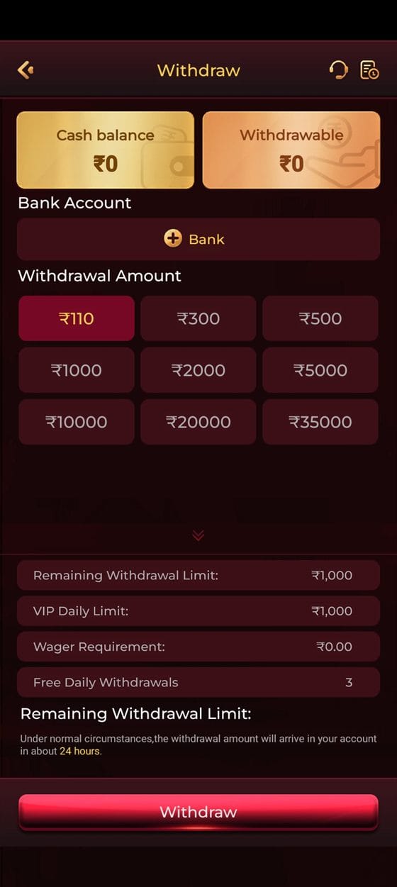 TopOne app withdrawal page with bank account and amount presets